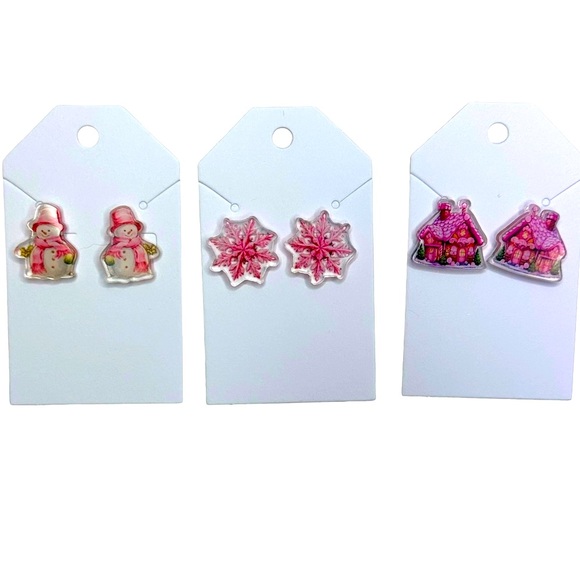 Set of 3 Pink NEW Christmas Holiday Stud Acrylic Handmade Earrings - Picture 1 of 8